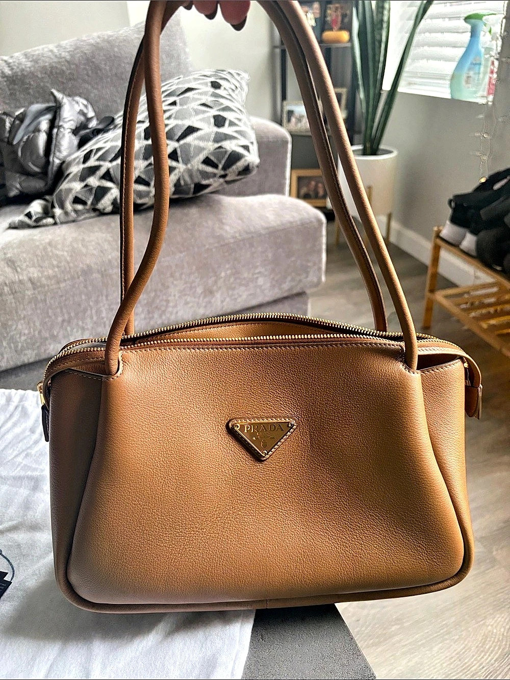 Prada Vitello Daino Double Zip Tote Shoulder Bag, Brown